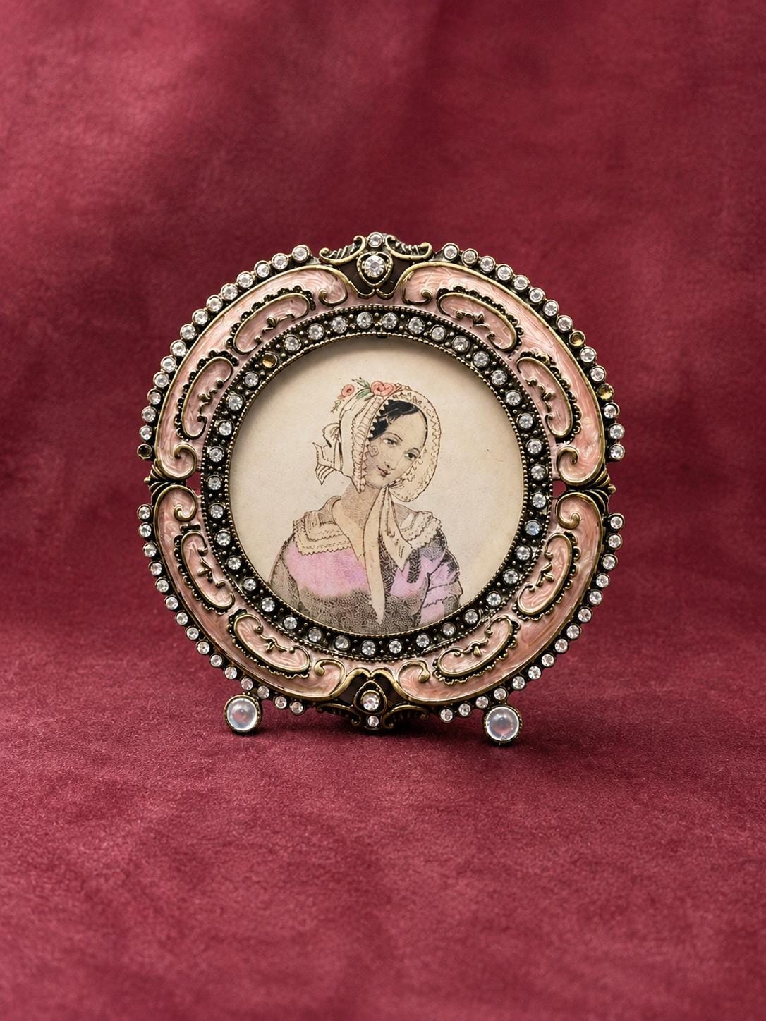 Vintage Jeweled Enamel Miniature Portrait Frame, Round Rhinestone Tabletop Picture Frame, Pink Victorian Style