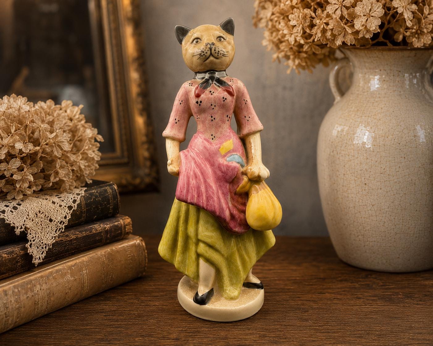 Vintage Hand-Painted Ceramic Cat Lady Figurine, likely mid-to-late 20th century,