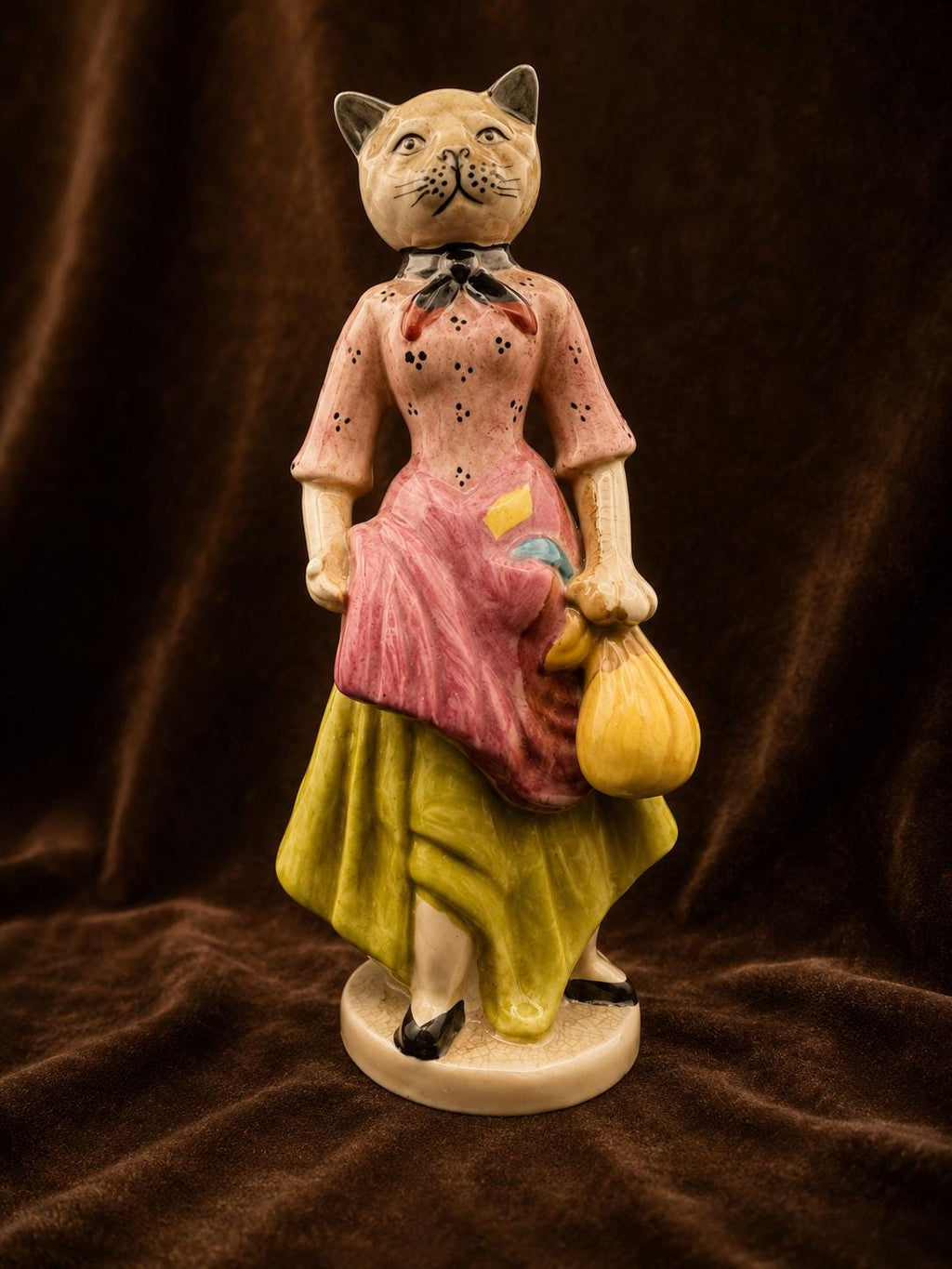 Vintage Hand-Painted Ceramic Cat Lady Figurine, likely mid-to-late 20th century,