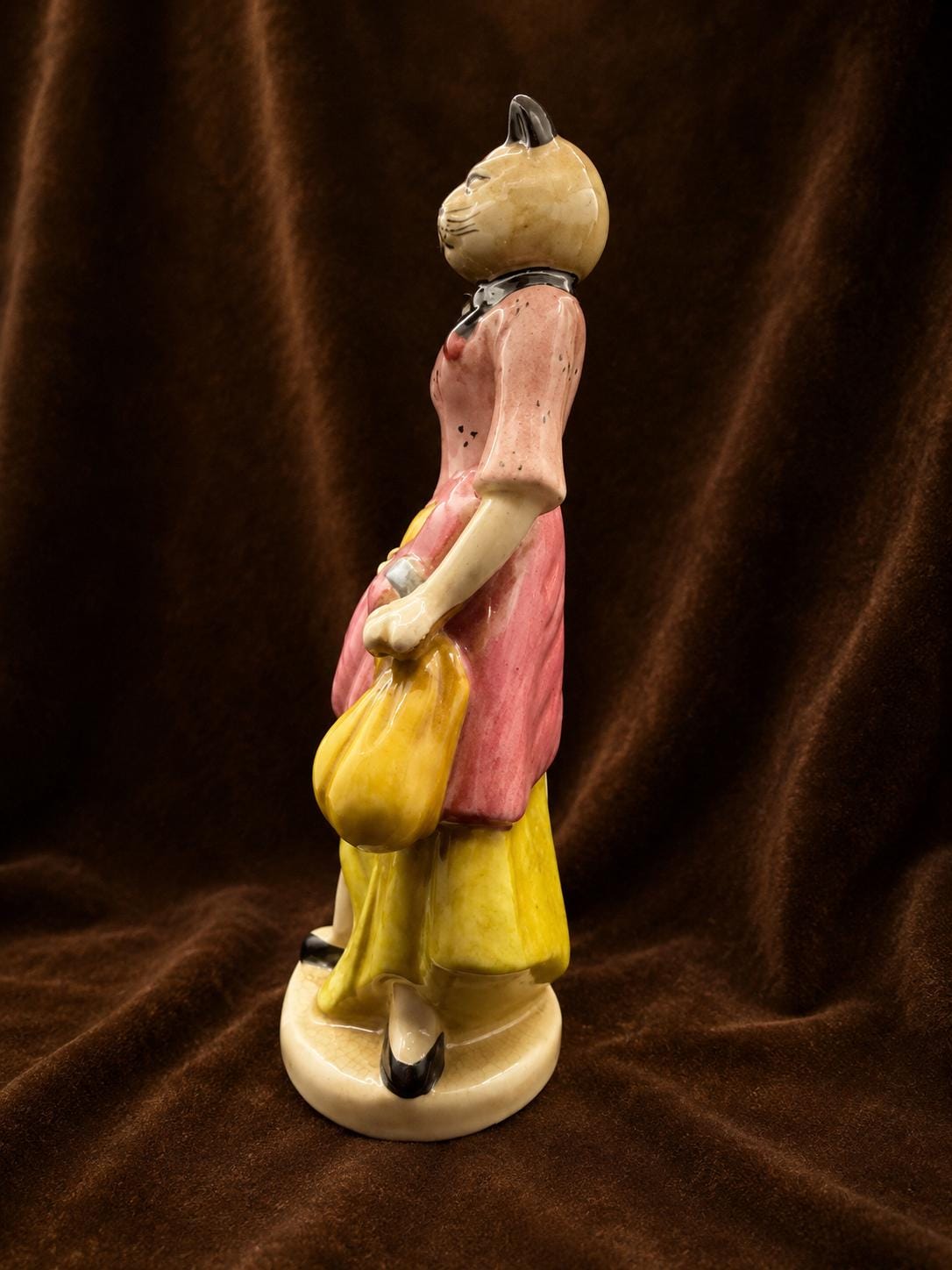 Vintage Hand-Painted Ceramic Cat Lady Figurine, likely mid-to-late 20th century,