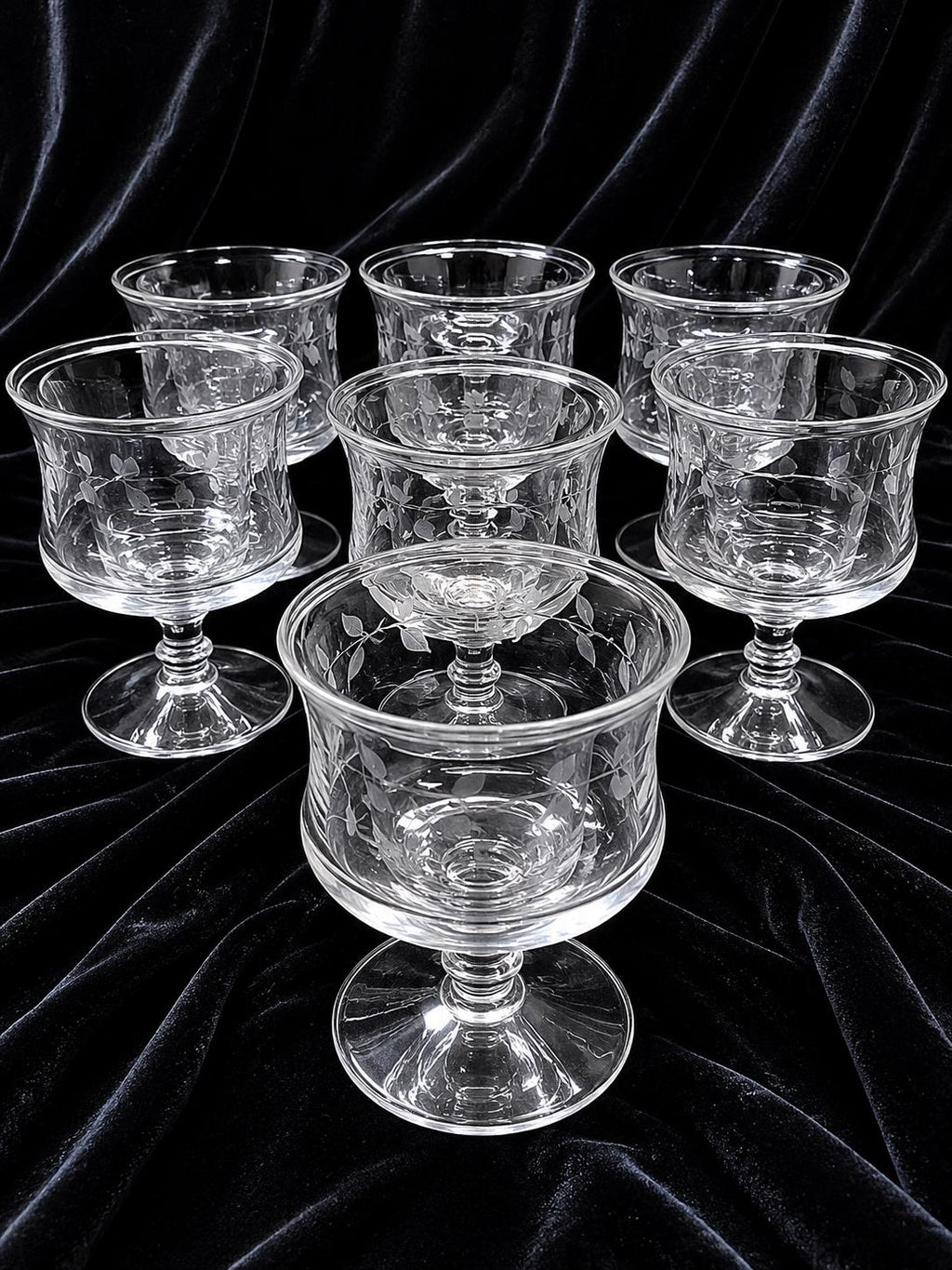 Etched Glass Shrimp Cocktail Goblets Set of 7 with Sauce Inserts | Leaf Appetizer Cups