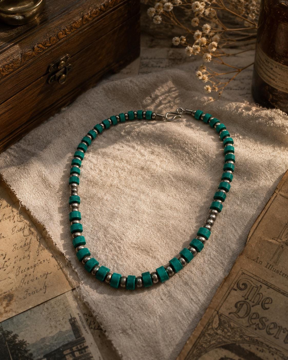 Turquoise Color Bead Necklace Silver Tone Spacer Beads Hook Clasp 16 Inch