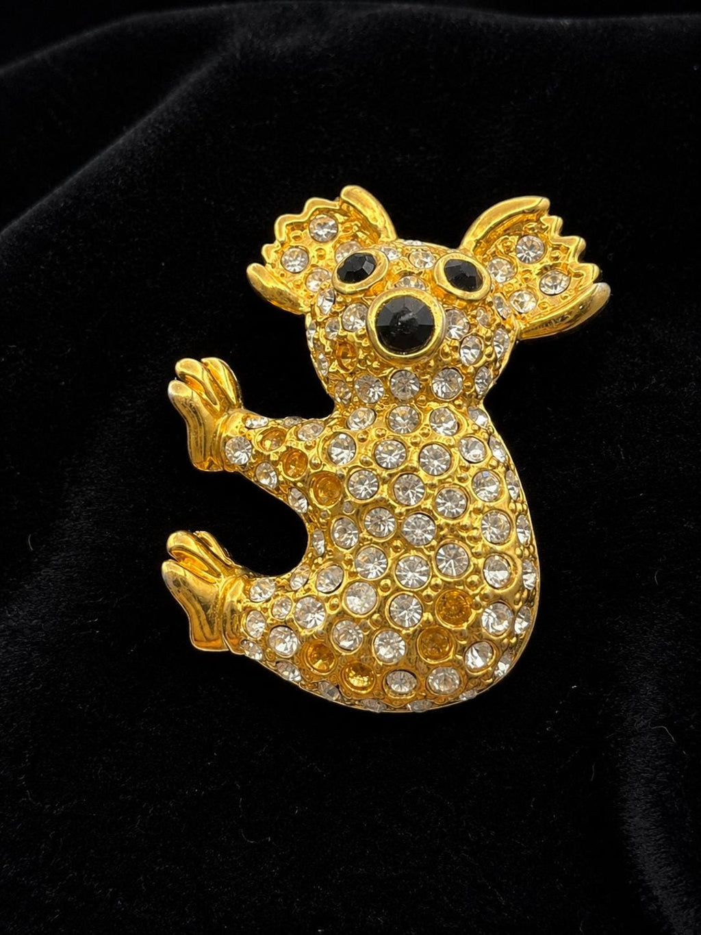 Gold Tone Rhinestone Koala Brooch, Pavé Crystal Animal Pin, Vintage Costume Jewelry