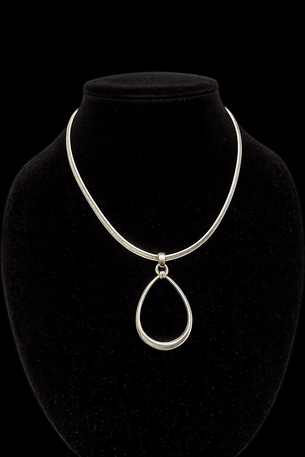 Monet Silver Tone Teardrop Pendant Necklace 1990s Signed Costume Jewelry Omega Chain