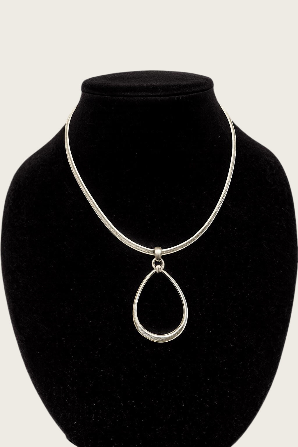 Monet Silver Tone Teardrop Pendant Necklace 1990s Signed Costume Jewelry Omega Chain