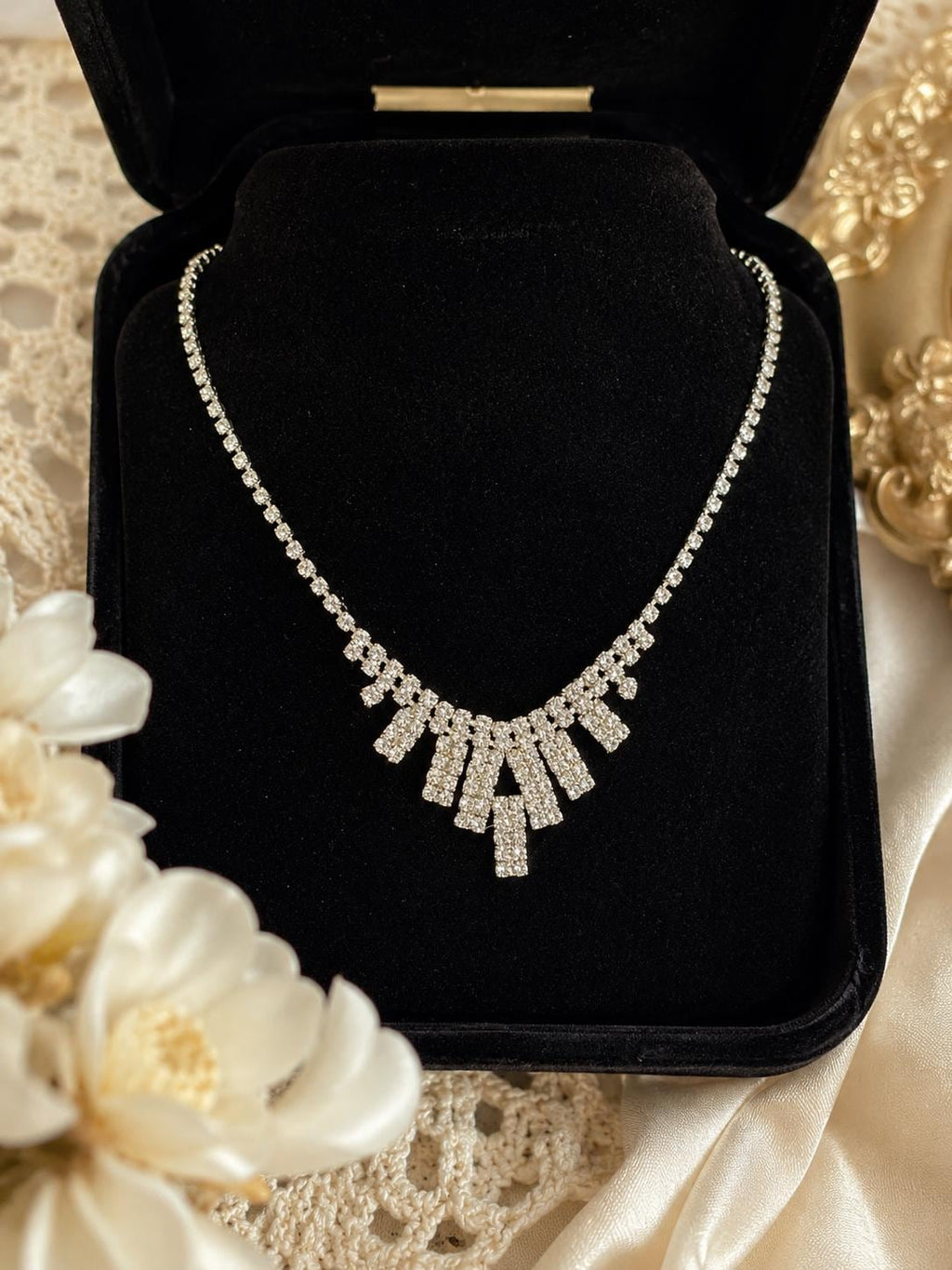 Vintage Rhinestone Fringe Bib Necklace Silver Tone Clear Crystal Statement Evening Jewelry
