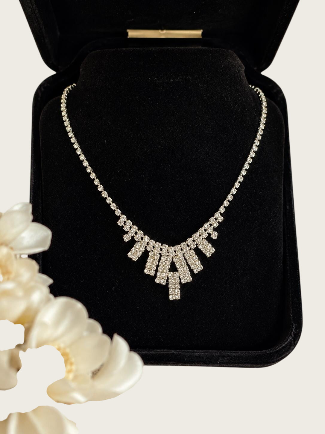 Vintage Rhinestone Fringe Bib Necklace Silver Tone Clear Crystal Statement Evening Jewelry