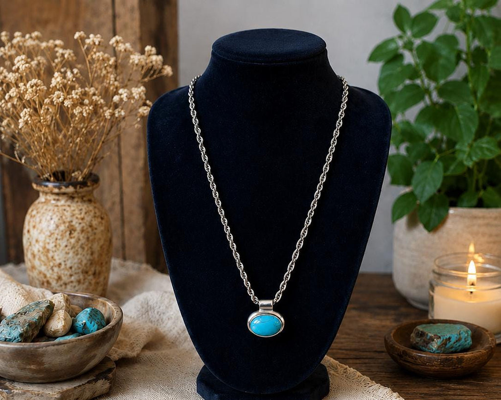 Vintage Roman Signed Faux Turquoise Pendant Necklace Silver Tone Southwestern Boho 24 Inch