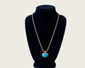 Vintage Roman Signed Faux Turquoise Pendant Necklace Silver Tone Southwestern Boho 24 Inch