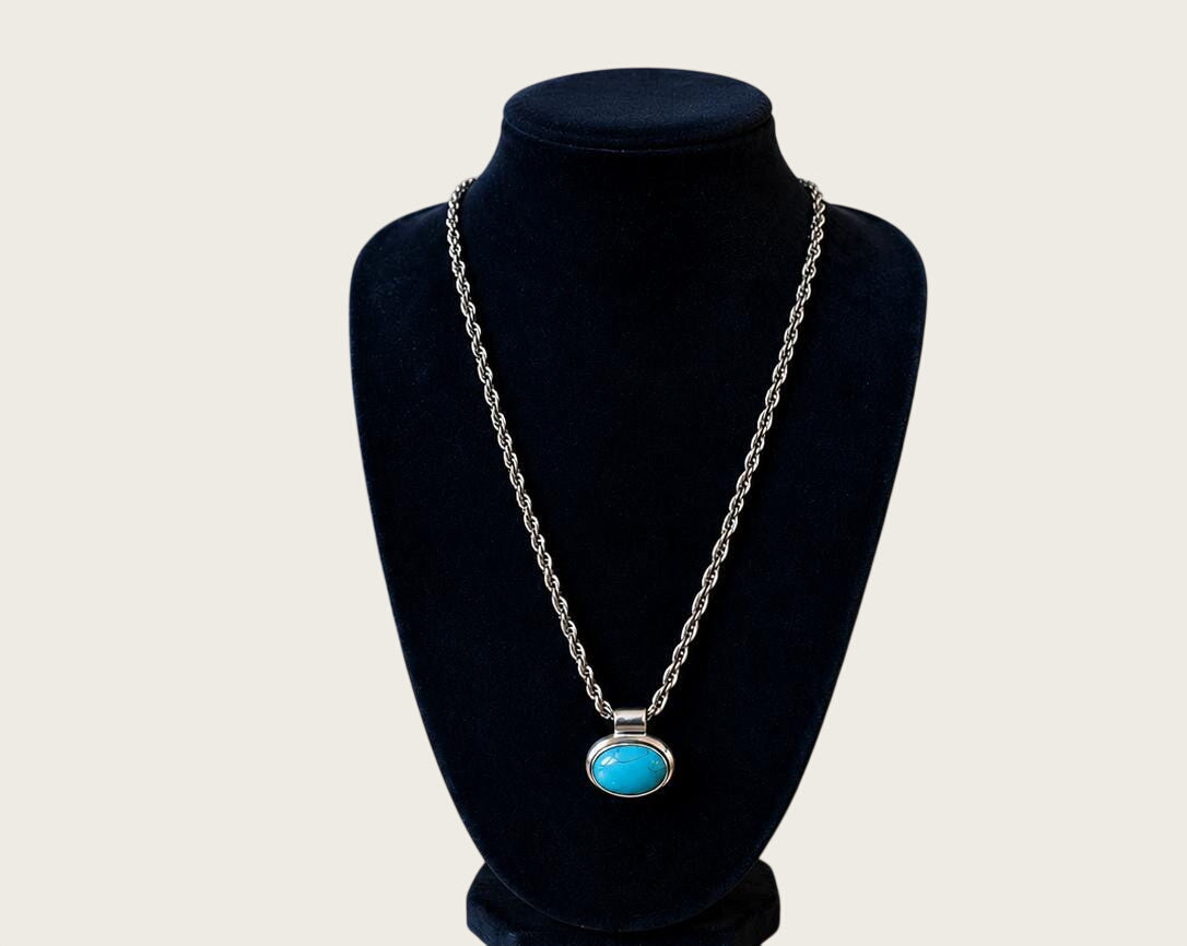Vintage Roman Signed Faux Turquoise Pendant Necklace Silver Tone Southwestern Boho 24 Inch