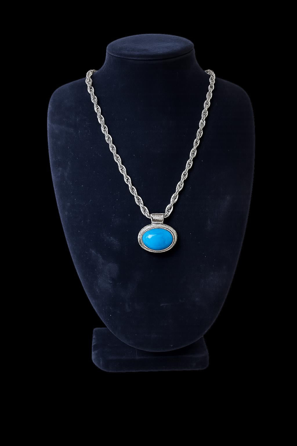 Vintage Roman Signed Faux Turquoise Pendant Necklace Silver Tone Southwestern Boho 24 Inch
