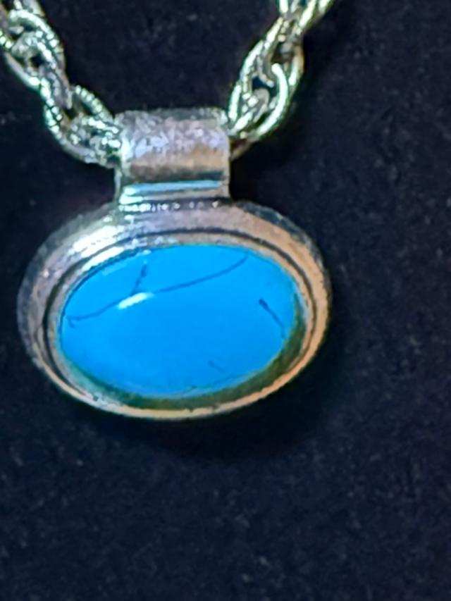 Vintage Roman Signed Faux Turquoise Pendant Necklace Silver Tone Southwestern Boho 24 Inch
