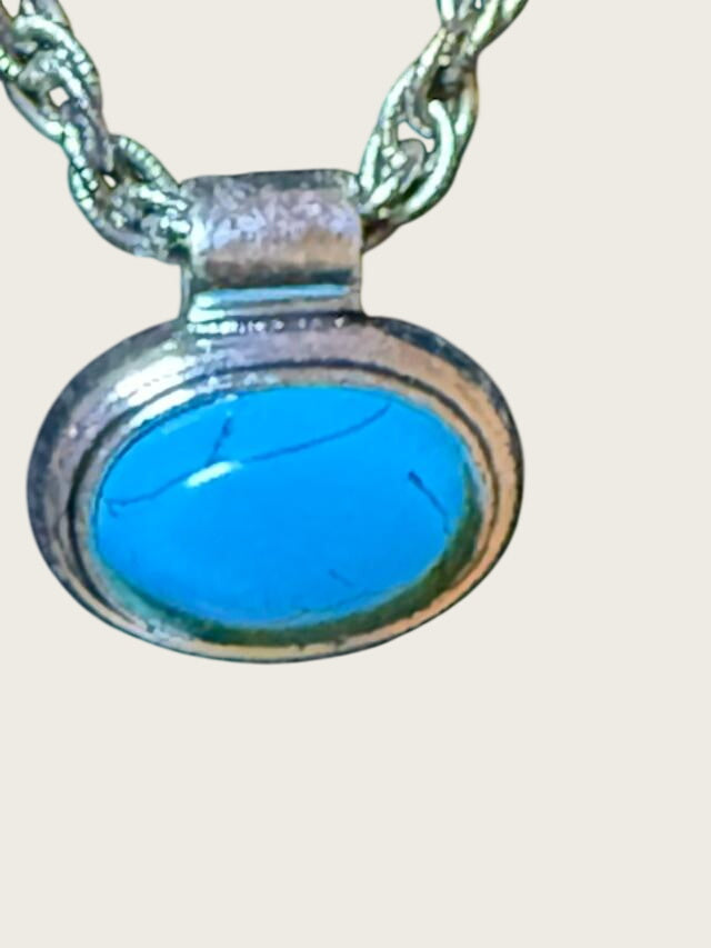 Vintage Roman Signed Faux Turquoise Pendant Necklace Silver Tone Southwestern Boho 24 Inch