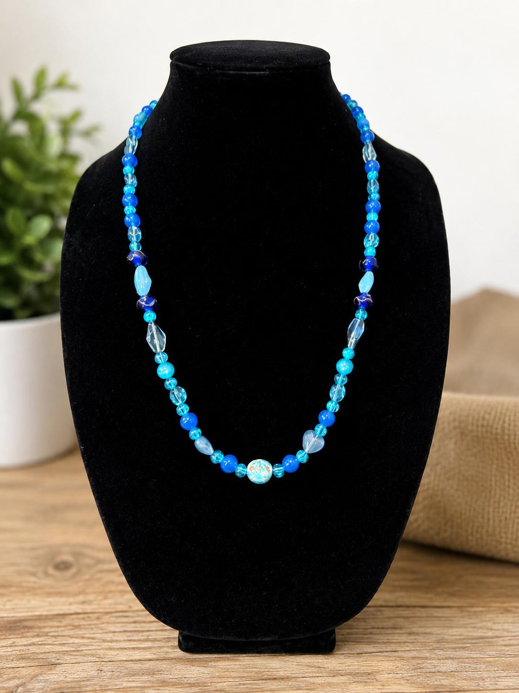 Ocean Blue Mixed Glass Bead Necklace, Boho Turquoise Aqua Beaded Jewelry