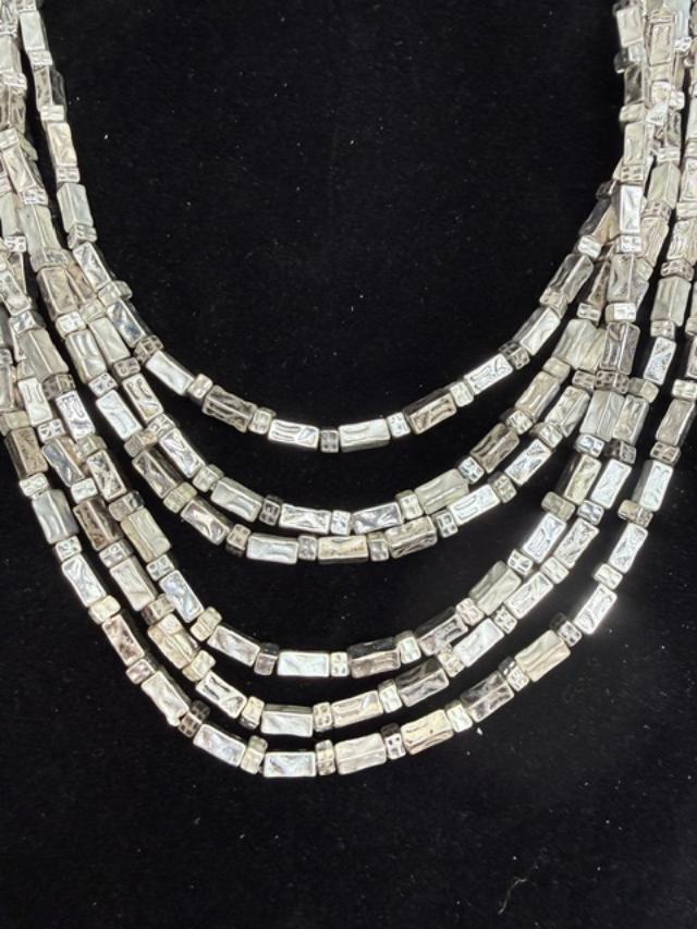Chicos Silver Tone Multi Strand Statement Necklace, Layered Geometric Cube Beads