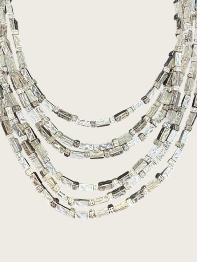 Chicos Silver Tone Multi Strand Statement Necklace, Layered Geometric Cube Beads