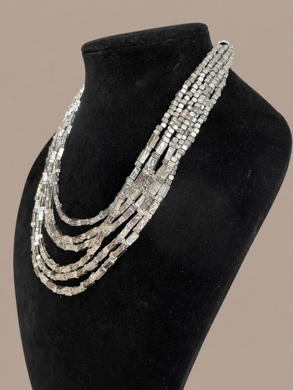 Chicos Silver Tone Multi Strand Statement Necklace, Layered Geometric Cube Beads