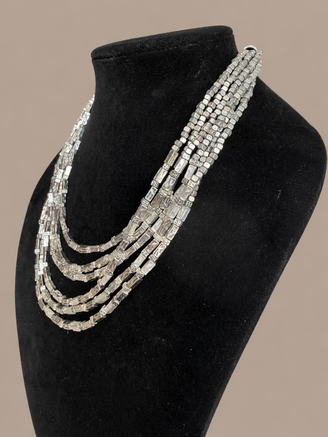 Chicos Silver Tone Multi Strand Statement Necklace, Layered Geometric Cube Beads