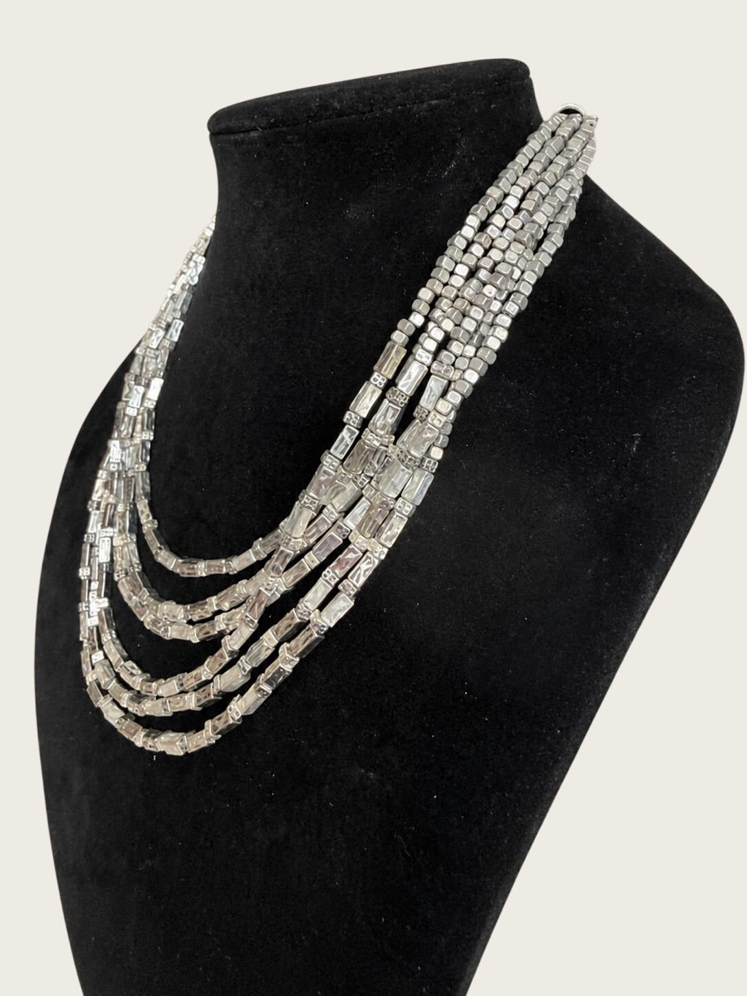 Chicos Silver Tone Multi Strand Statement Necklace, Layered Geometric Cube Beads