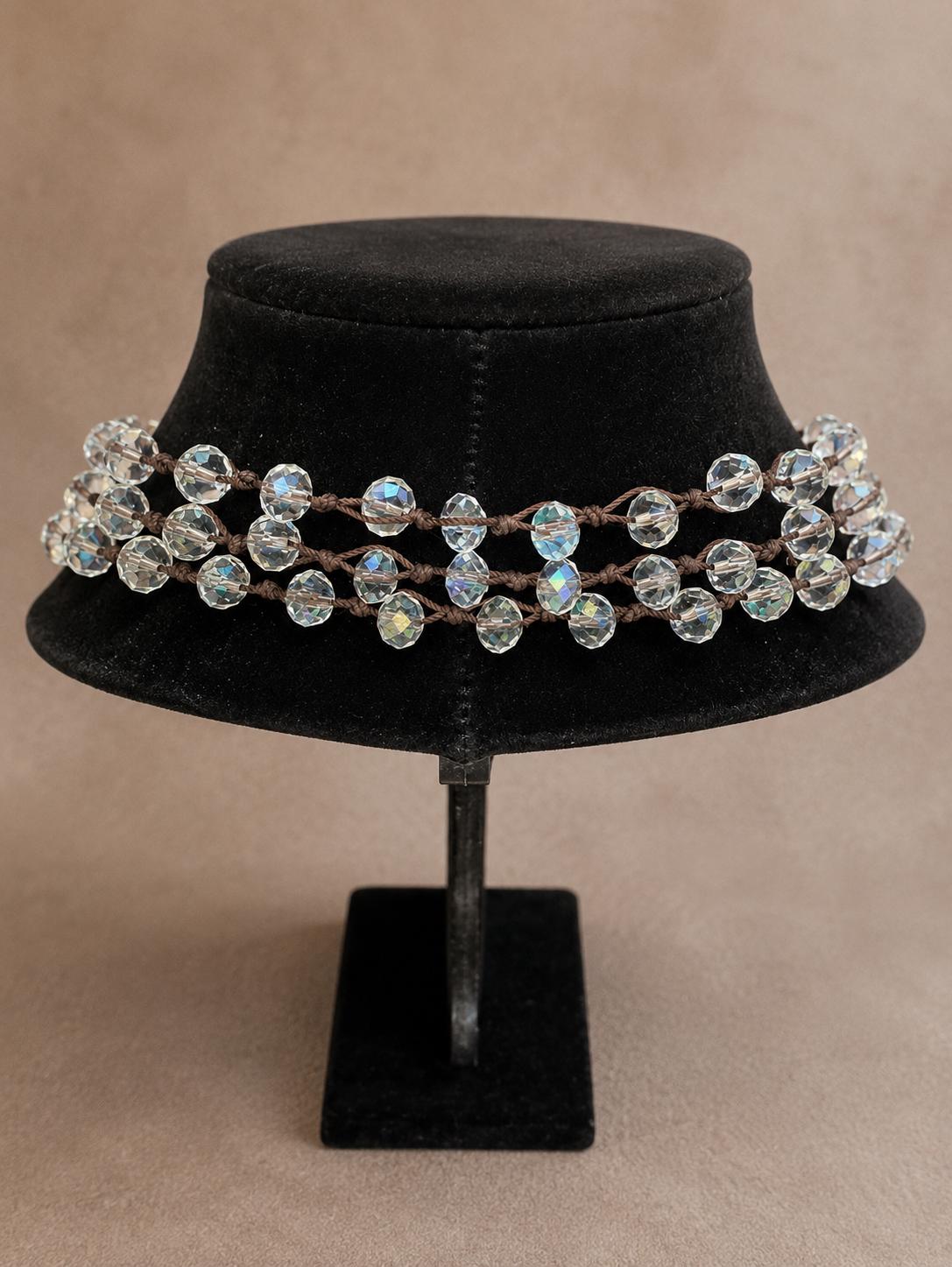 Long Crystal Bead Knotted Cord Necklace  Boho Layering Statement Necklace, Faceted Clear Aurora Beads,
