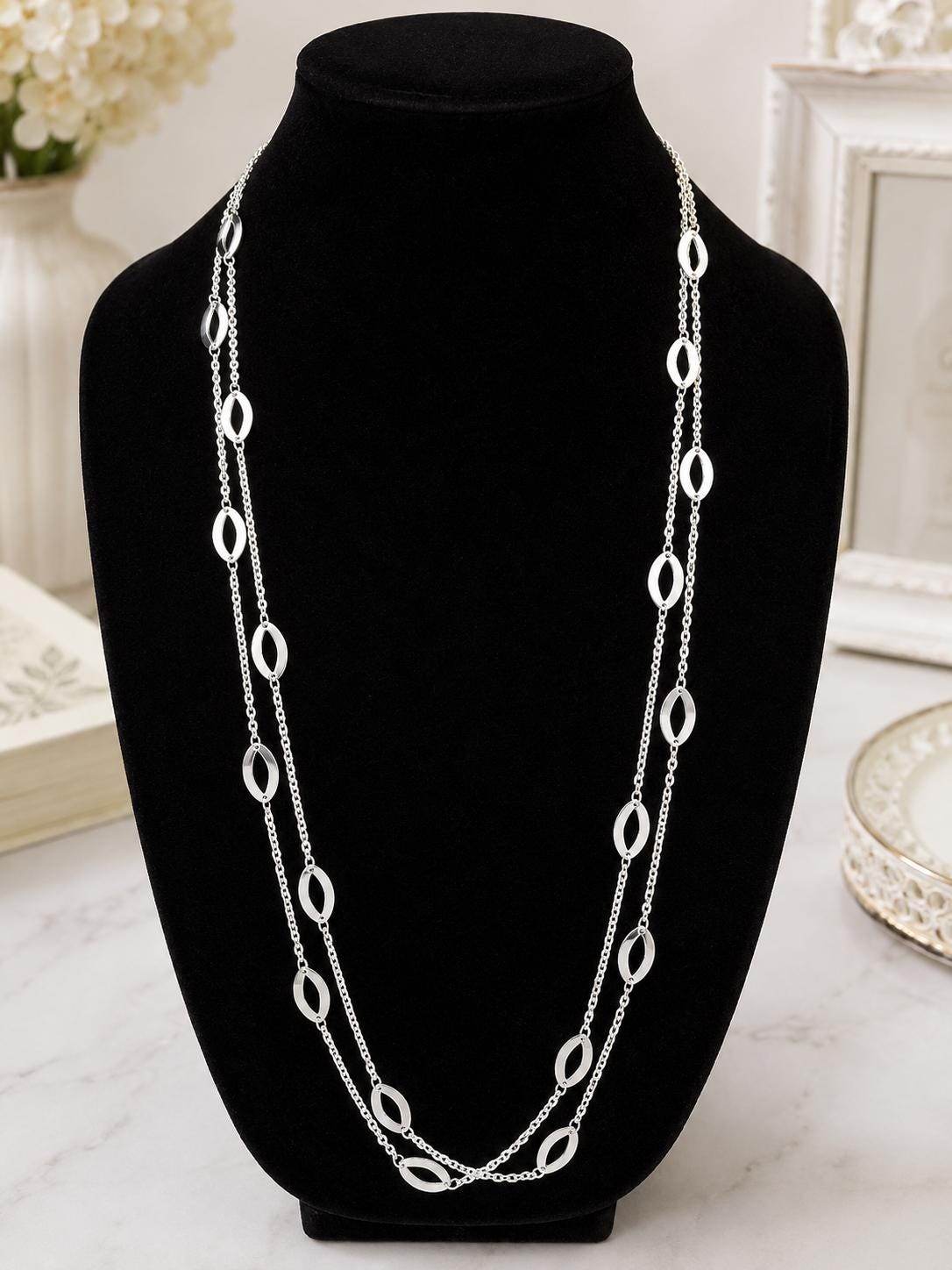Silver-Tone Double Strand Oval Link Station Necklace, 35 Inches