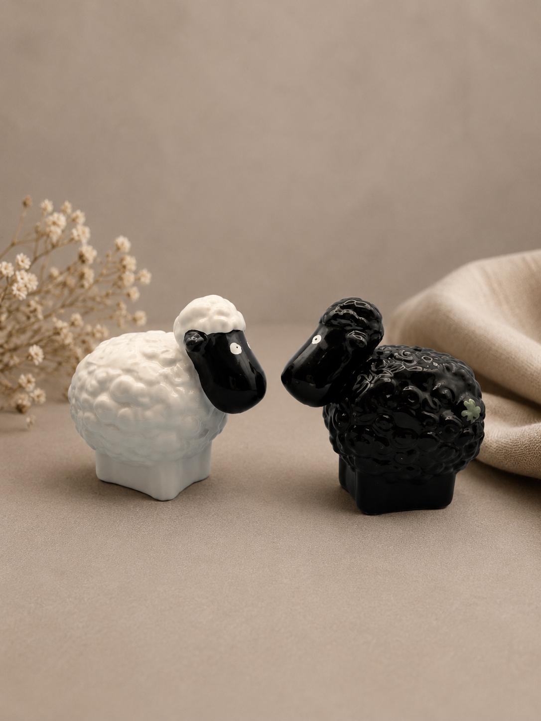 Vintage Black White Sheep Salt Pepper Shakers, Ceramic Lamb Farmhouse Kitchen Decor