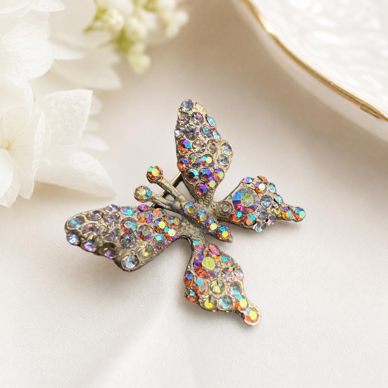 Vintage Aurora Borealis Rhinestone Butterfly Brooch 1 Inch Silver Tone Sparkle Pin