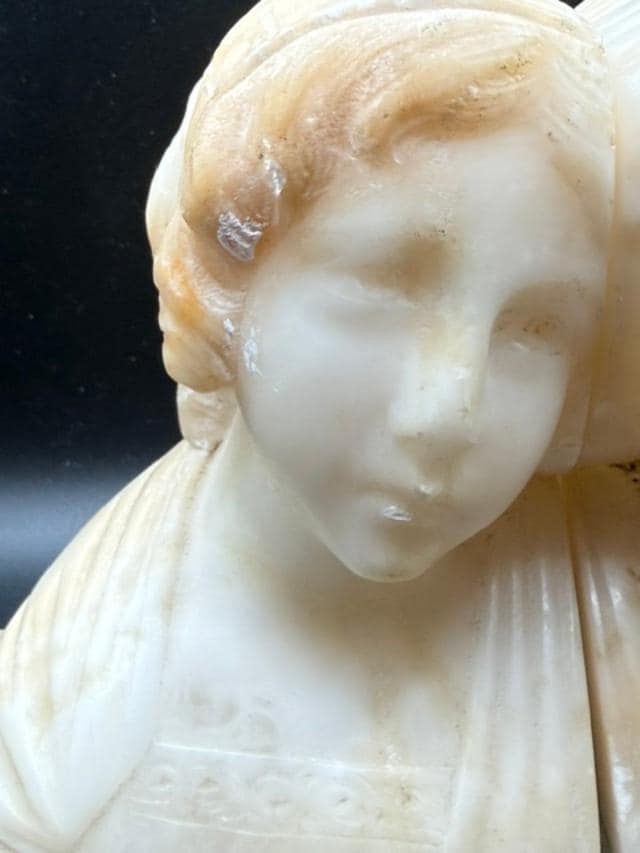 Vintage Art Deco Carved Alabaster Lady Bust Bookends Pair Marble Base Early 20th Century