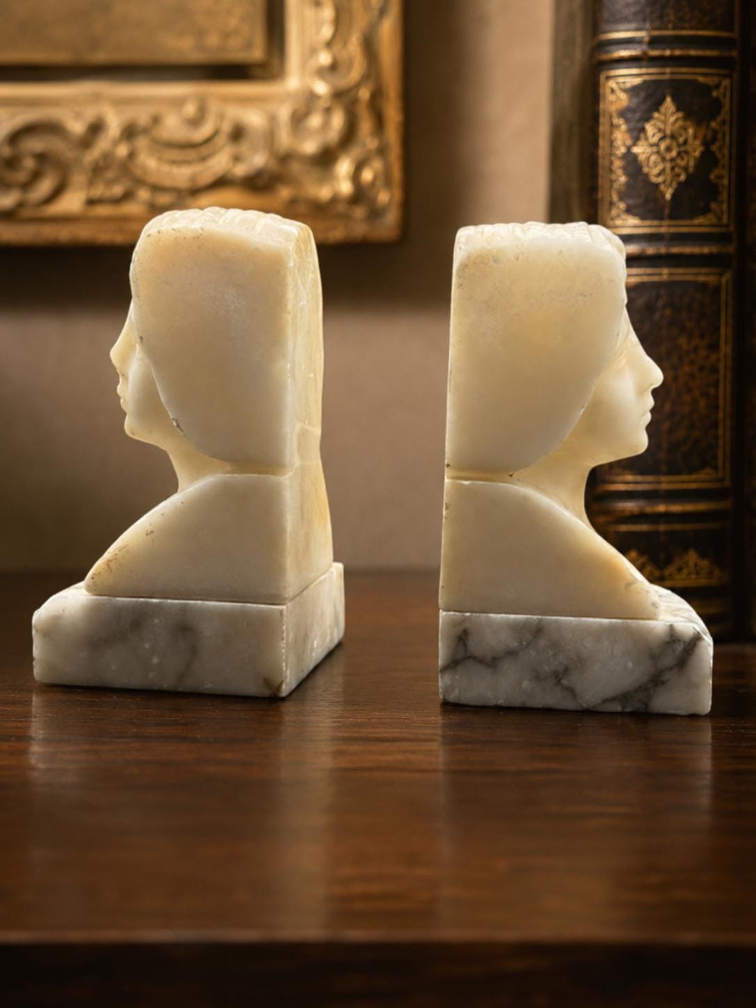 Vintage Art Deco Carved Alabaster Lady Bust Bookends Pair Marble Base Early 20th Century