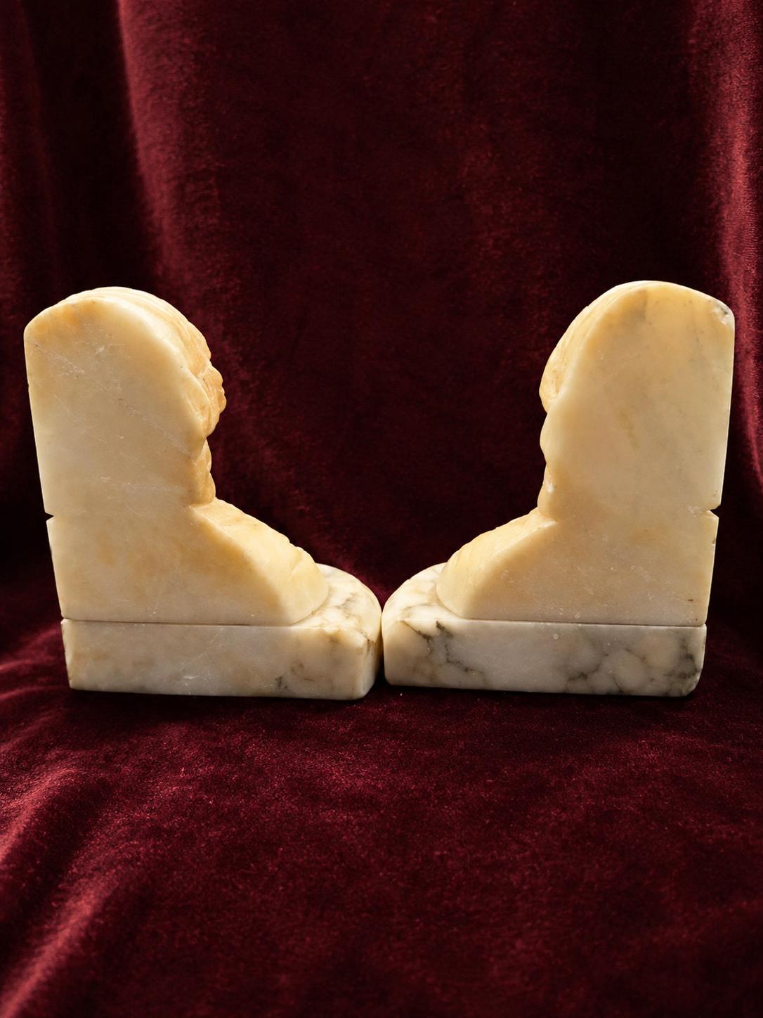 Vintage Art Deco Carved Alabaster Lady Bust Bookends Pair Marble Base Early 20th Century
