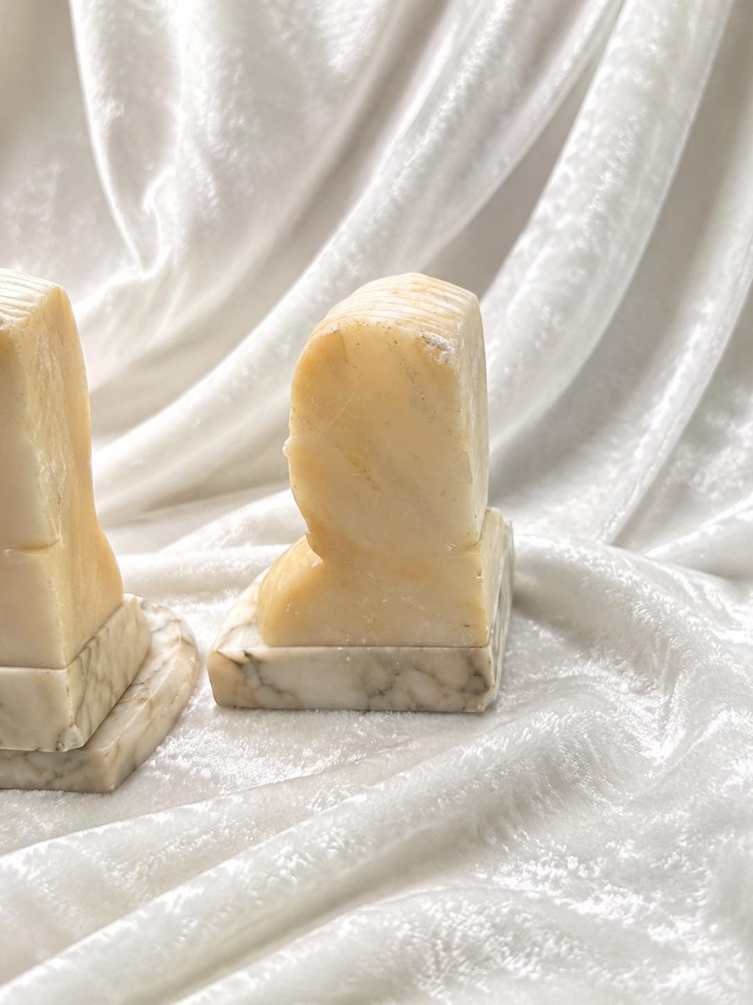 Vintage Art Deco Carved Alabaster Lady Bust Bookends Pair Marble Base Early 20th Century