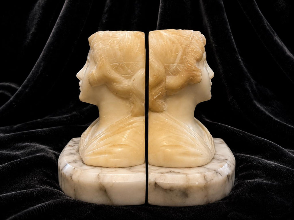 Vintage Art Deco Carved Alabaster Lady Bust Bookends Pair Marble Base Early 20th Century