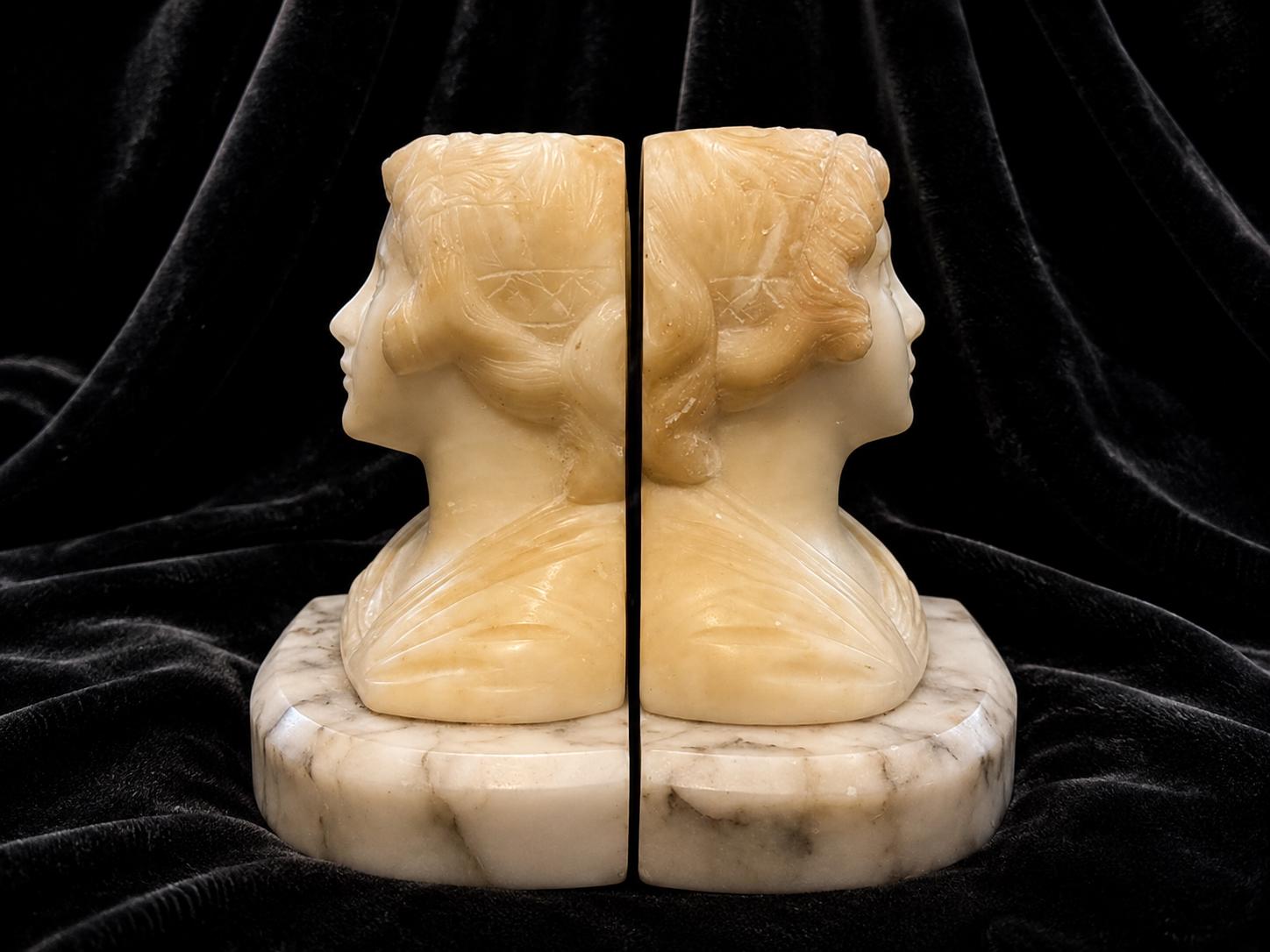 Vintage Art Deco Carved Alabaster Lady Bust Bookends Pair Marble Base Early 20th Century