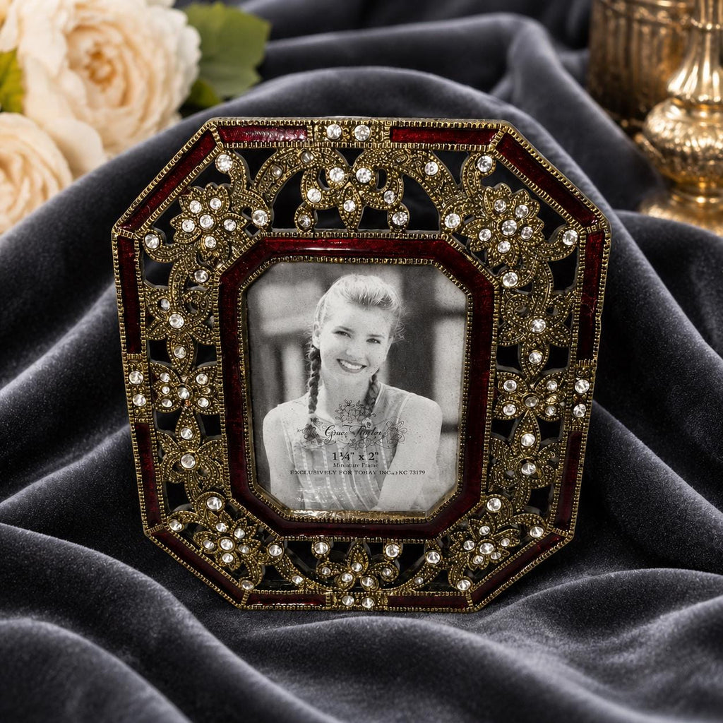 2005 Green Tree Gallery Jeweled Mini Frame: Burgundy Enamel, Rhinestone Filigree (1.75 x 2 Photo)