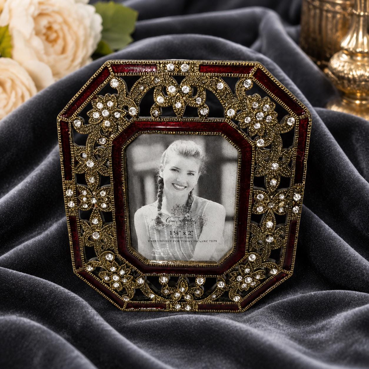2005 Green Tree Gallery Jeweled Mini Frame: Burgundy Enamel, Rhinestone Filigree (1.75 x 2 Photo)