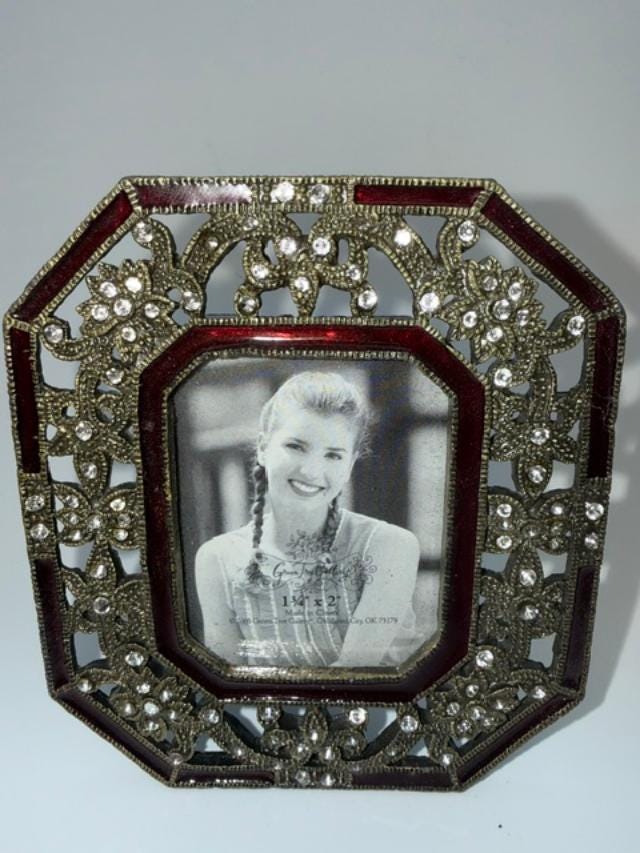 2005 Green Tree Gallery Jeweled Mini Frame: Burgundy Enamel, Rhinestone Filigree (1.75 x 2 Photo)