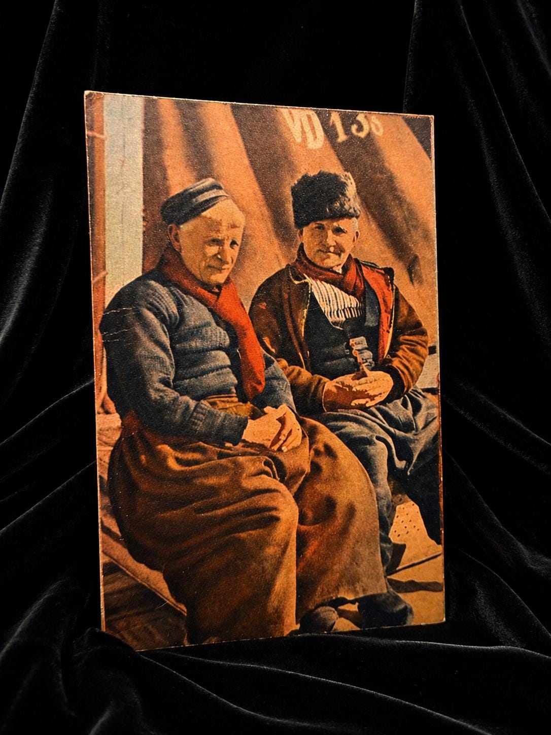 Dutch Fishermen Postcard c. 1940s Volendam Netherlands Colorized Photo Card