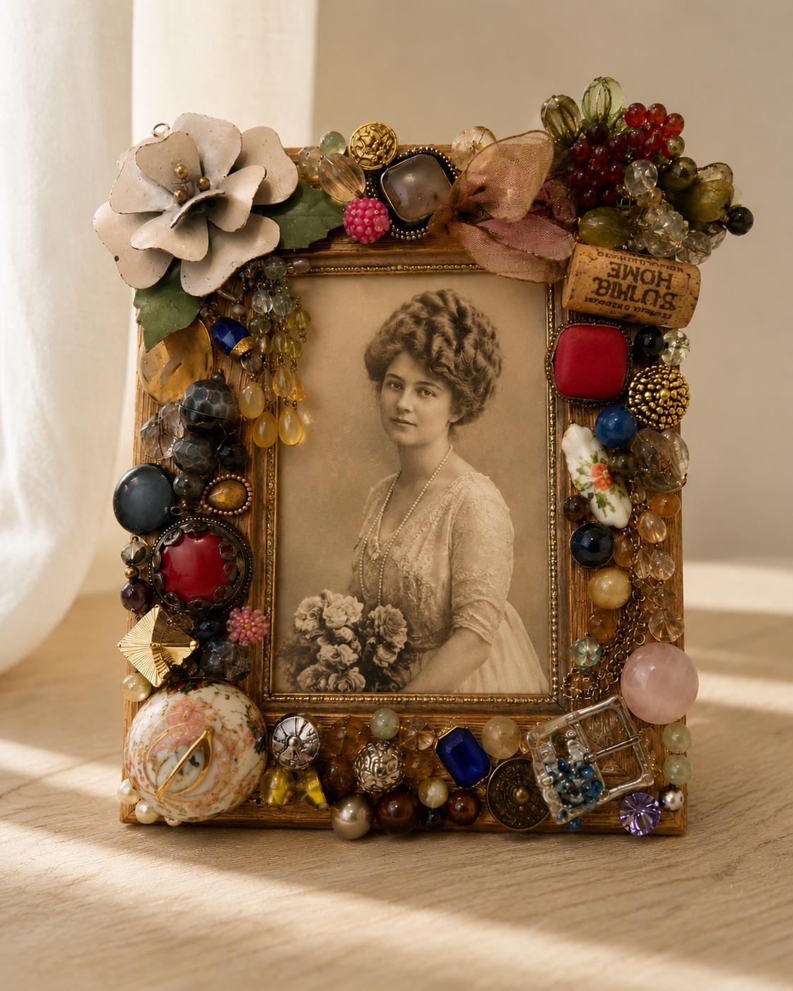 Vintage Jeweled 5x7 Picture Frame, Upcycled Assemblage Art, Maximalist Decor