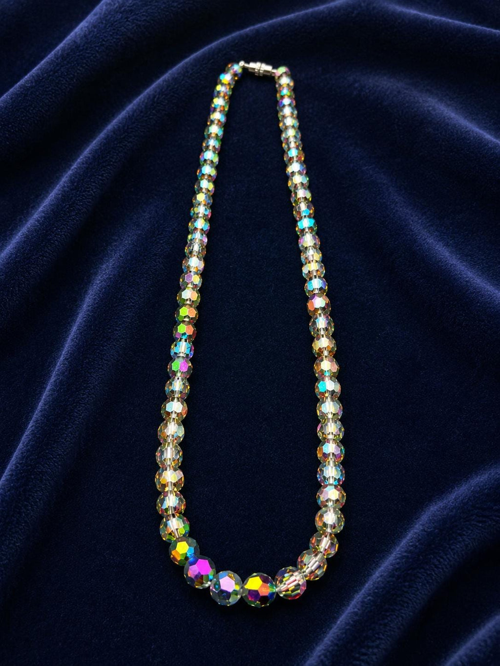 Aurora Borealis Crystal Bead Necklace, Faceted AB Glass Beads, Rainbow Iridescent Costume Jewelry