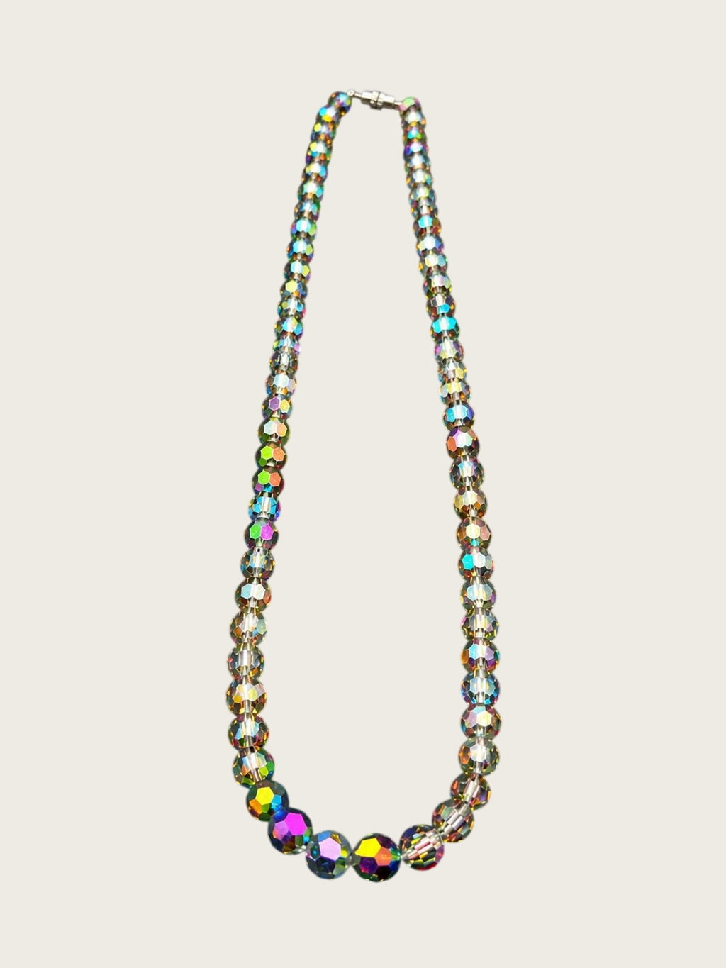 Aurora Borealis Crystal Bead Necklace, Faceted AB Glass Beads, Rainbow Iridescent Costume Jewelry