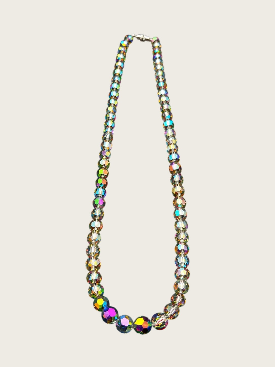 Aurora Borealis Crystal Bead Necklace, Faceted AB Glass Beads, Rainbow Iridescent Costume Jewelry