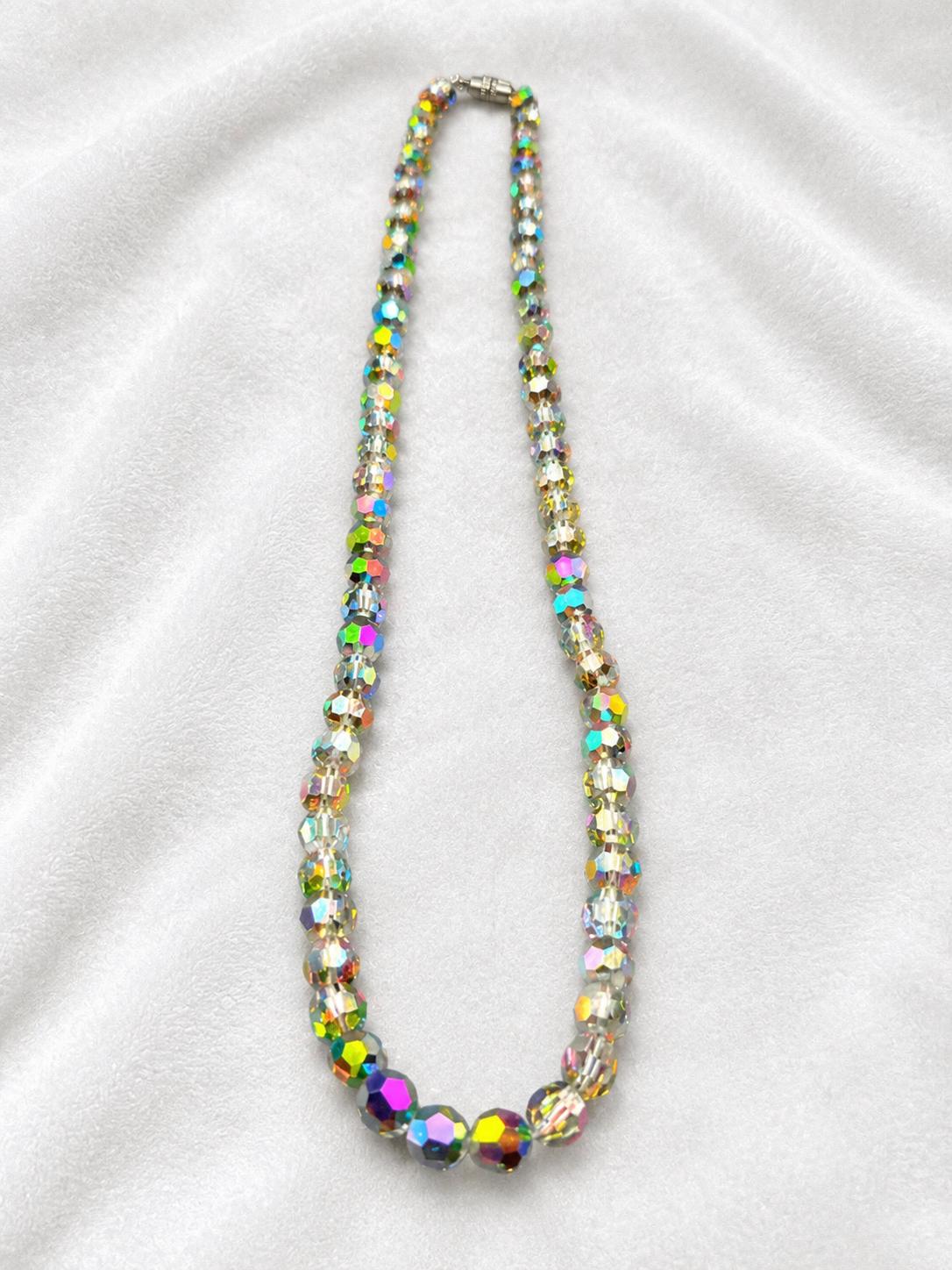 Aurora Borealis Crystal Bead Necklace, Faceted AB Glass Beads, Rainbow Iridescent Costume Jewelry