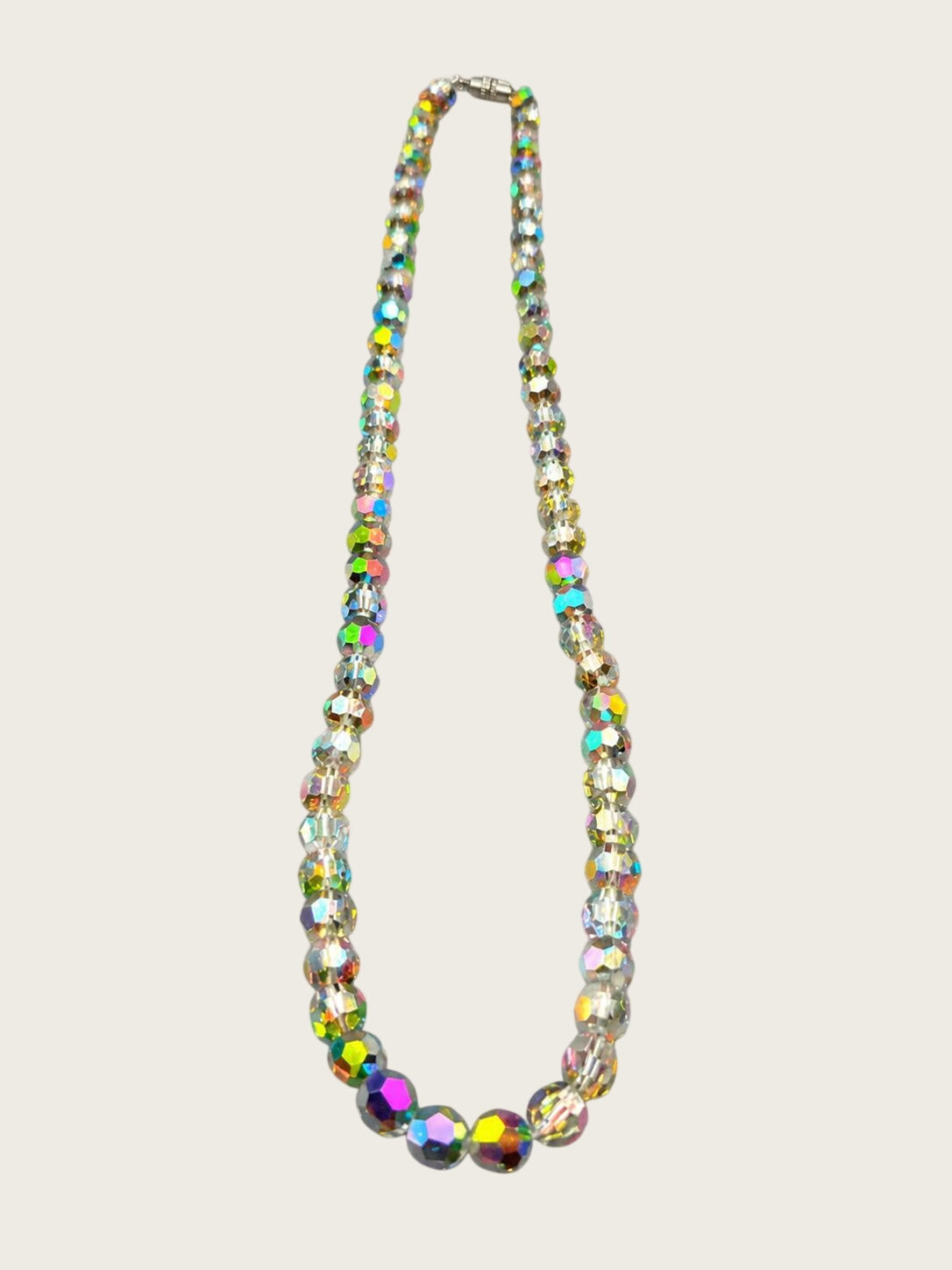 Aurora Borealis Crystal Bead Necklace, Faceted AB Glass Beads, Rainbow Iridescent Costume Jewelry