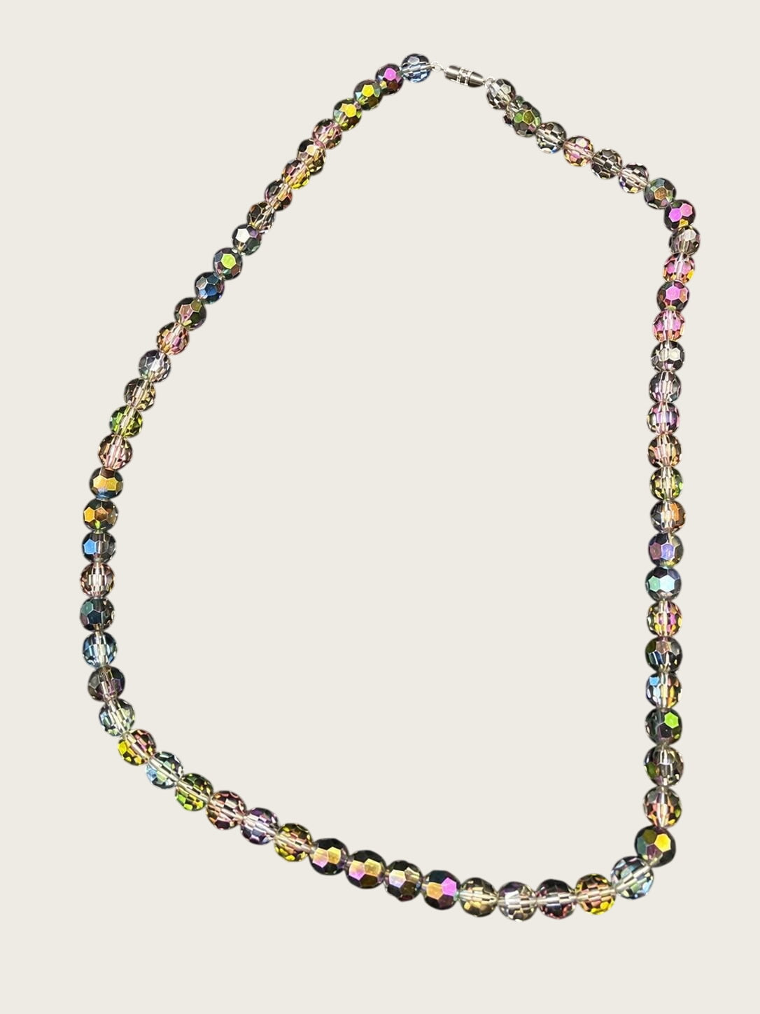 Aurora Borealis Crystal Bead Necklace, Faceted AB Glass Beads, Rainbow Iridescent Costume Jewelry