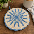 Handmade Crochet Potholder Trivet Blue & Cream Sunburst Round Kitchen Decor