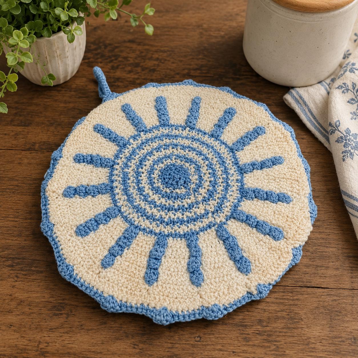 Handmade Crochet Potholder Trivet Blue & Cream Sunburst Round Kitchen Decor