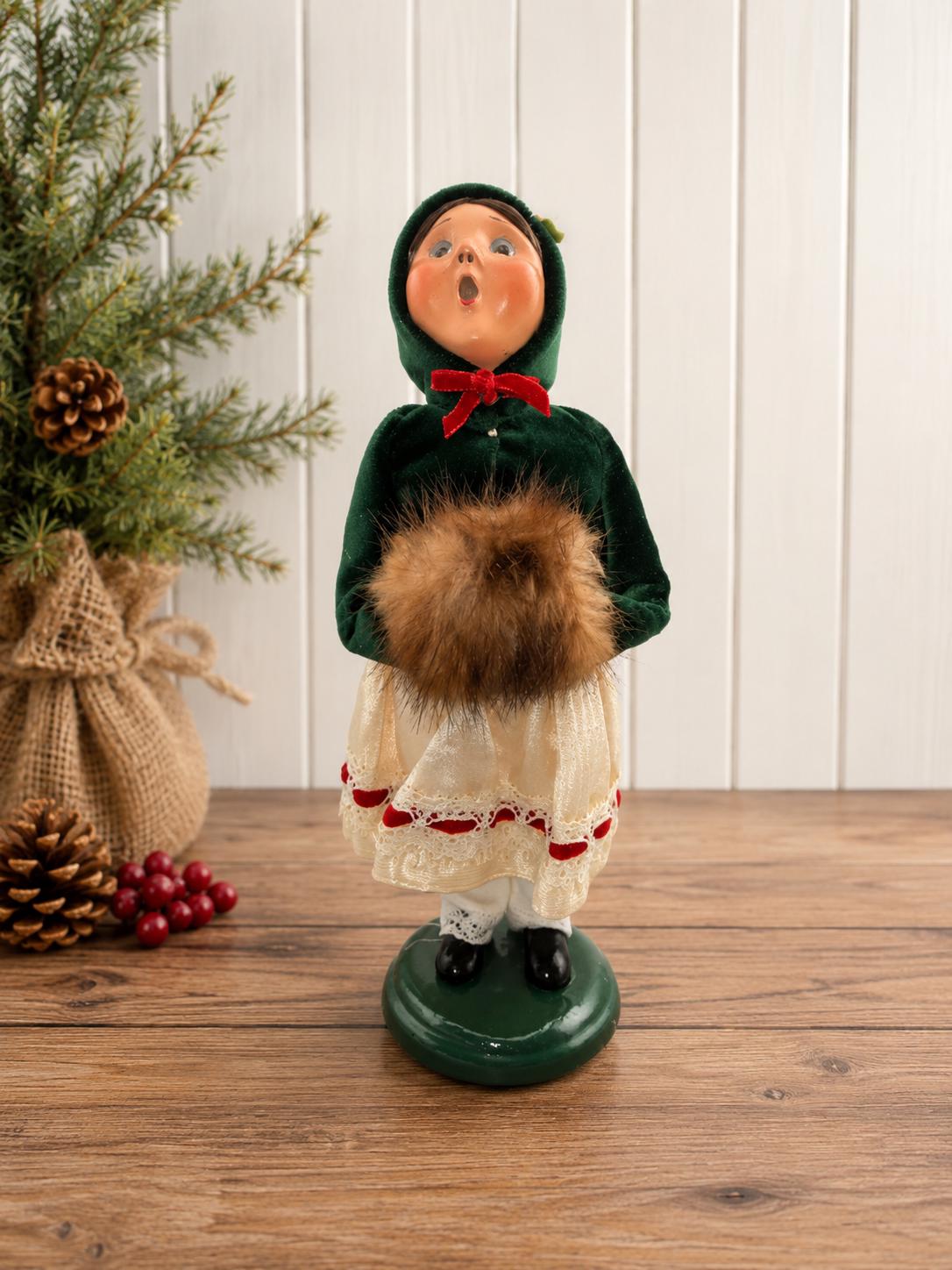 Byers Choice Victorian Child Caroler Doll 2005 Green Velvet Christmas Figurine with Fur Muff