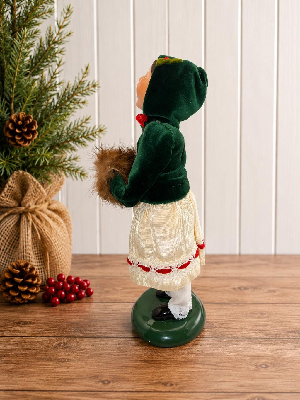 Byers Choice Victorian Child Caroler Doll 2005 Green Velvet Christmas Figurine with Fur Muff