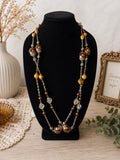 Long Brown Amber Beaded Station Necklace 32" Slip Over Boho Filigree Costume Jewelry