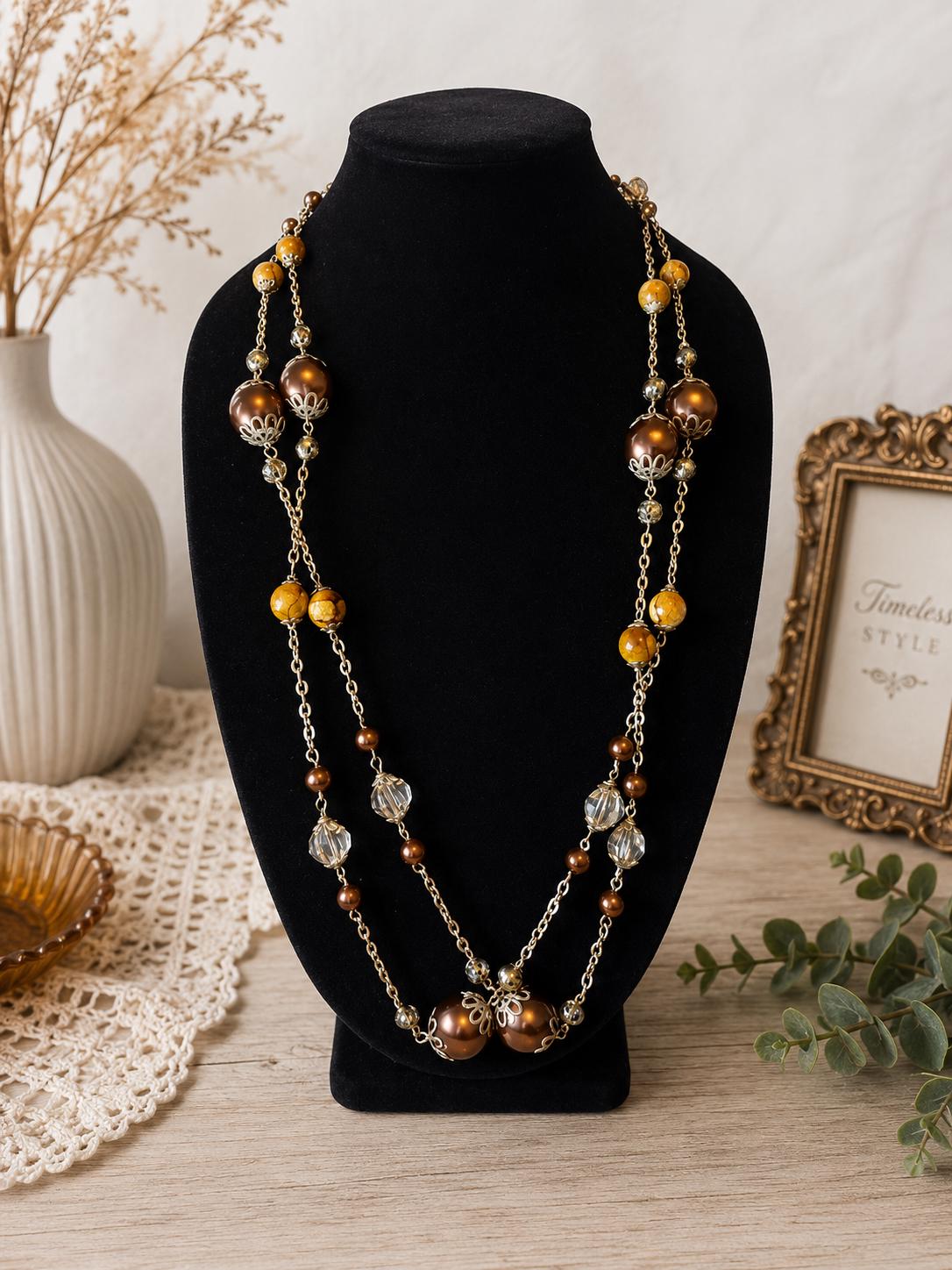 Long Brown Amber Beaded Station Necklace 32" Slip Over Boho Filigree Costume Jewelry